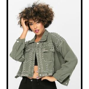 Kiwi Women's Army Green Studded Crop Jacket 100% Cotton Excellent Condition S